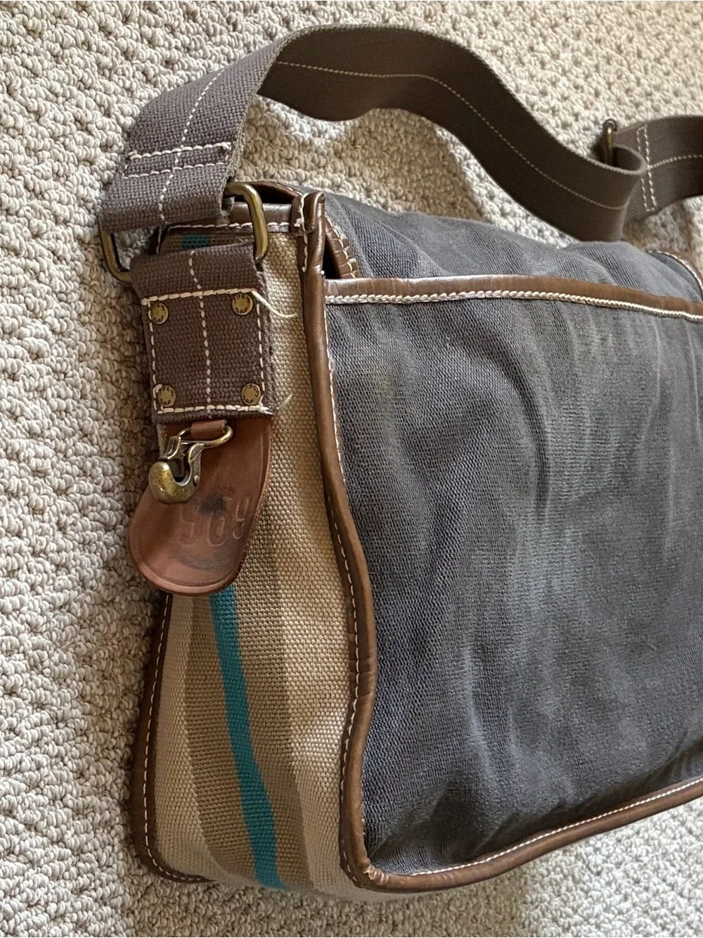 GAP Gray Canvas Messenger Bag with Brown Trim